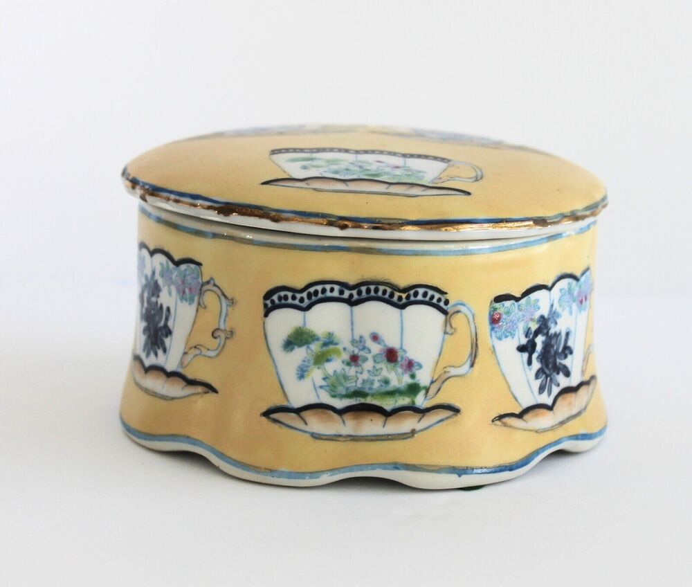 Yellow Porcelain Trinket Box Teacup Pattern Retro Cottagecore Grannycore Vintage